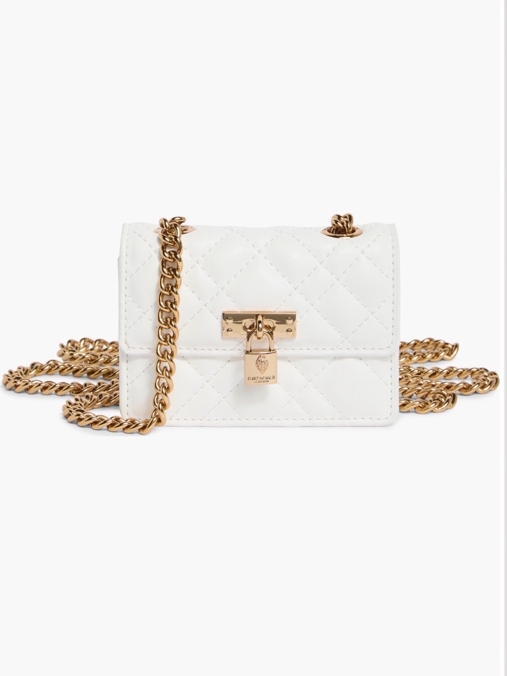 Kurt Geiger White Quilted Micro Crossbody Bag with Gold Chain